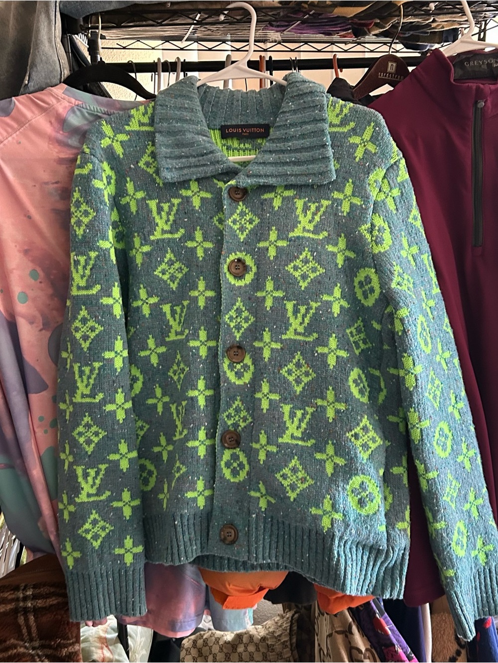 Louis Vuitton mens' neon Green & Aqua Logo Knit Cardigan Jacket